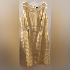 Elegant Yellow and Gold Metallic Sleeveless Sheath Dress with jeweled buttons